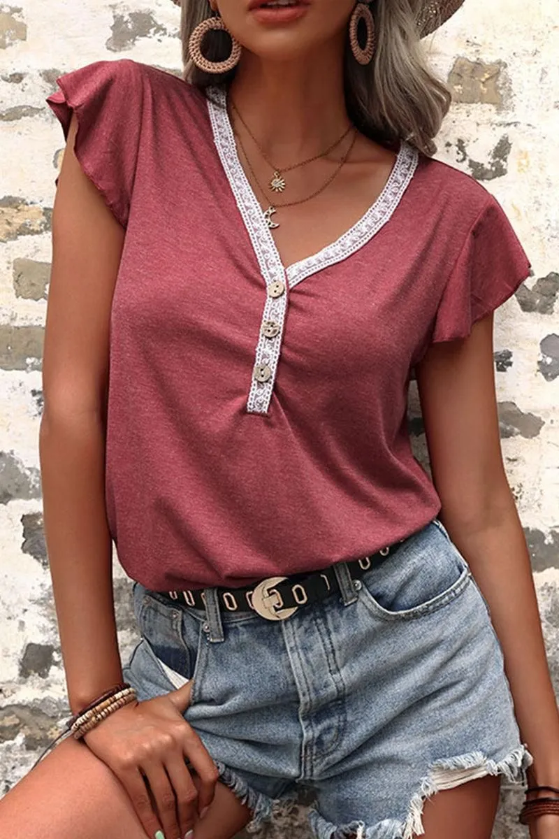 BUTTON NECK SHORT SLEEVE CASUAL TOP