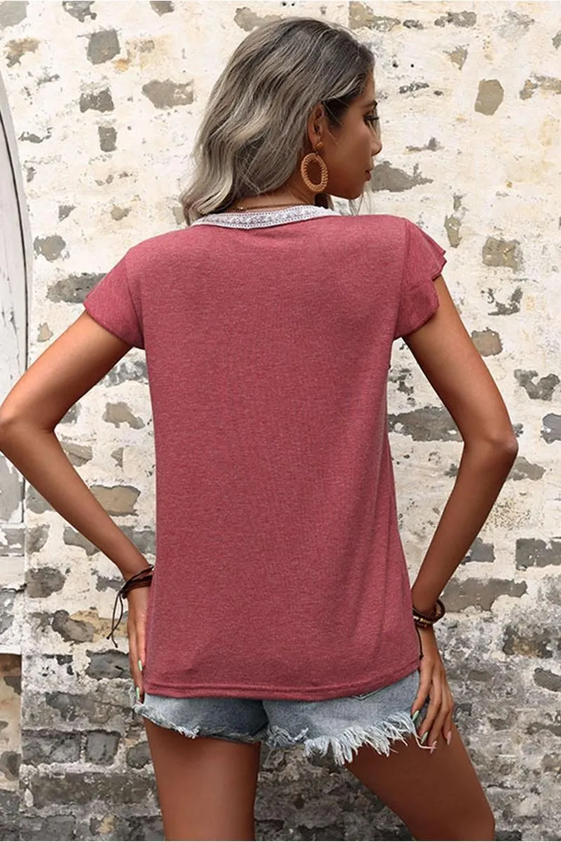 BUTTON NECK SHORT SLEEVE CASUAL TOP