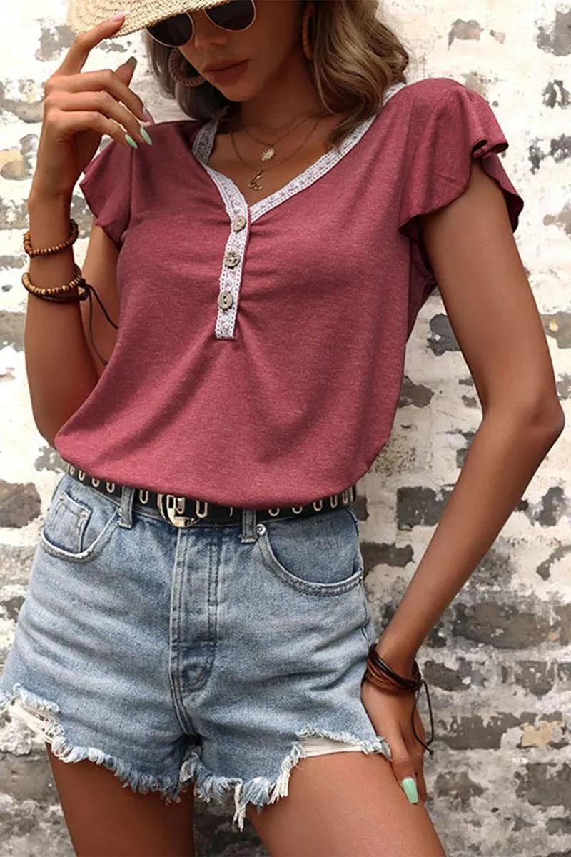 BUTTON NECK SHORT SLEEVE CASUAL TOP