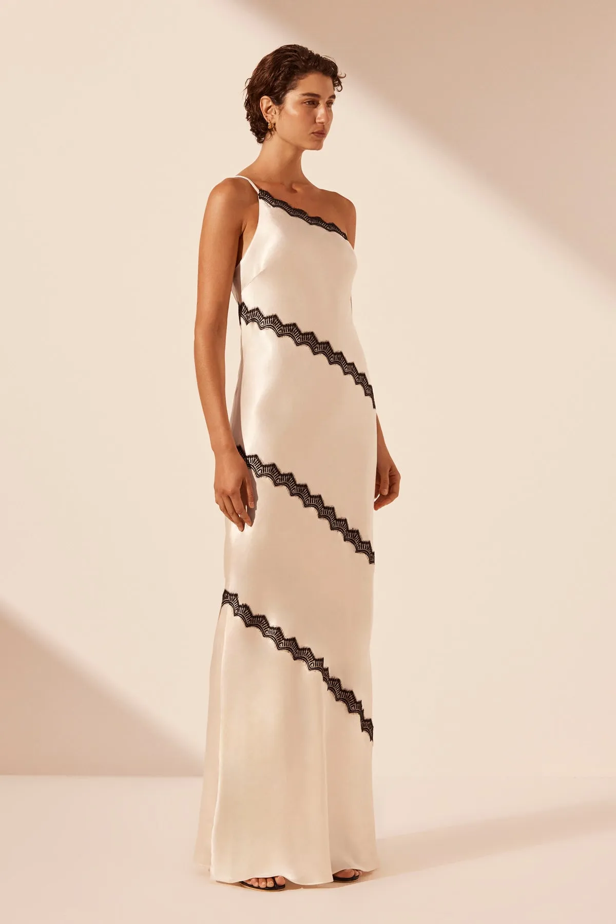 CAMILLE LACE ASYMMETRICAL MAXI DRESS - CREAM/BLACK