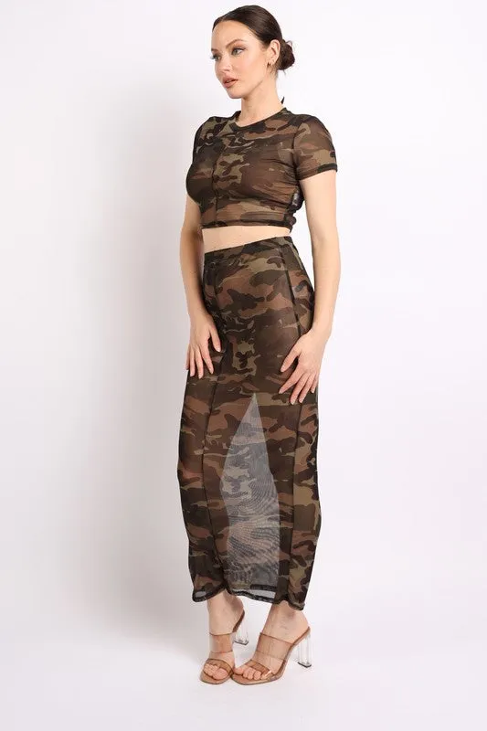 Camo printed top and maxi skirt set