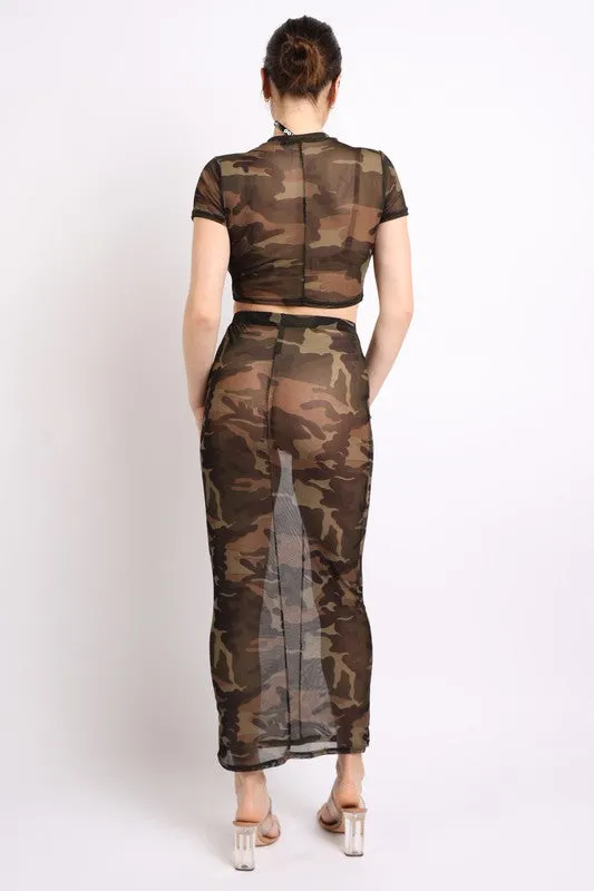 Camo printed top and maxi skirt set