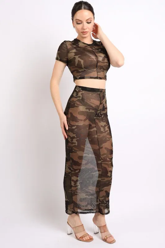 Camo printed top and maxi skirt set