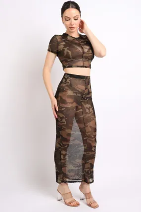 Camo printed top and maxi skirt set