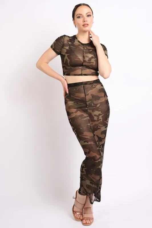 Camo printed top and maxi skirt set