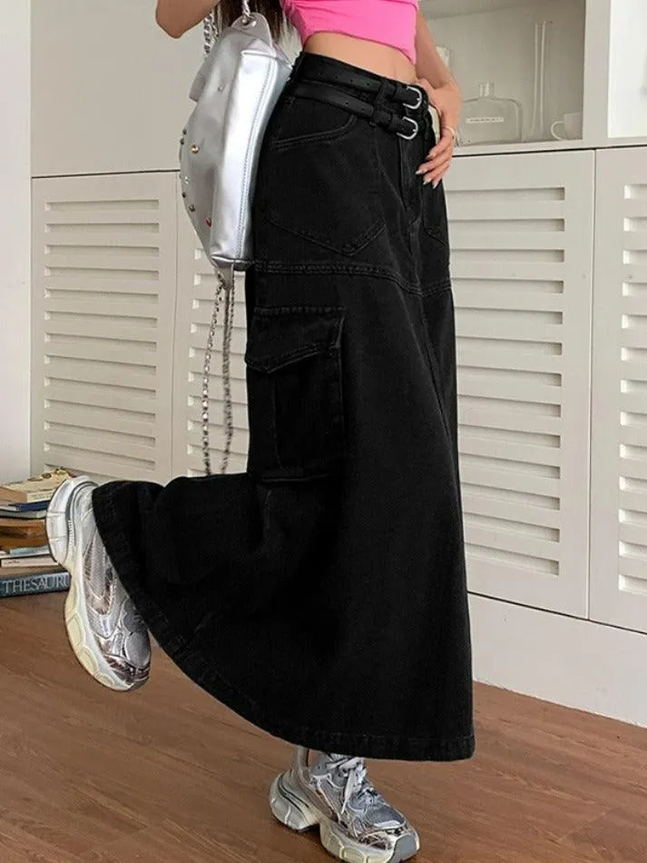 Cargo Double Waist Denim Maxi Skirt