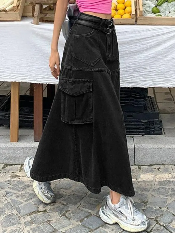 Cargo Double Waist Denim Maxi Skirt