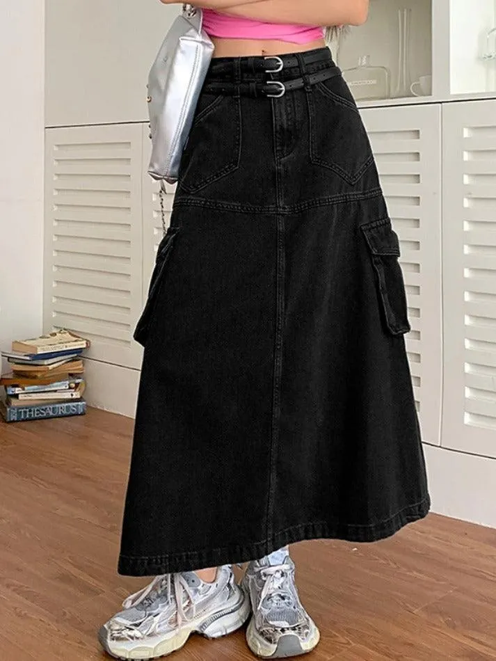 Cargo Double Waist Denim Maxi Skirt