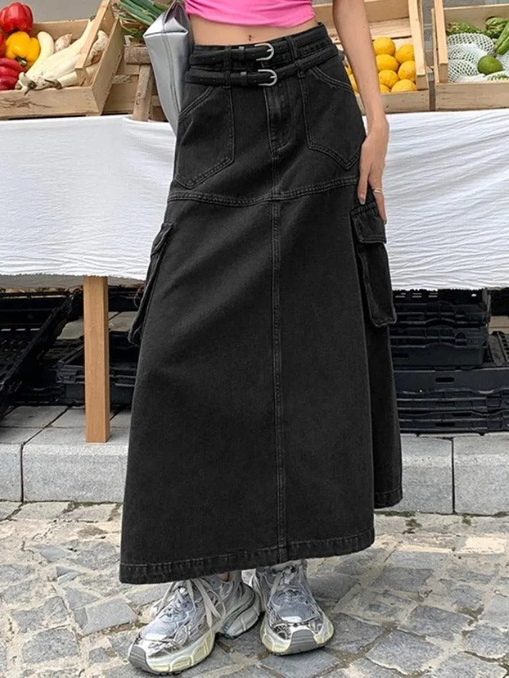 Cargo Double Waist Denim Maxi Skirt