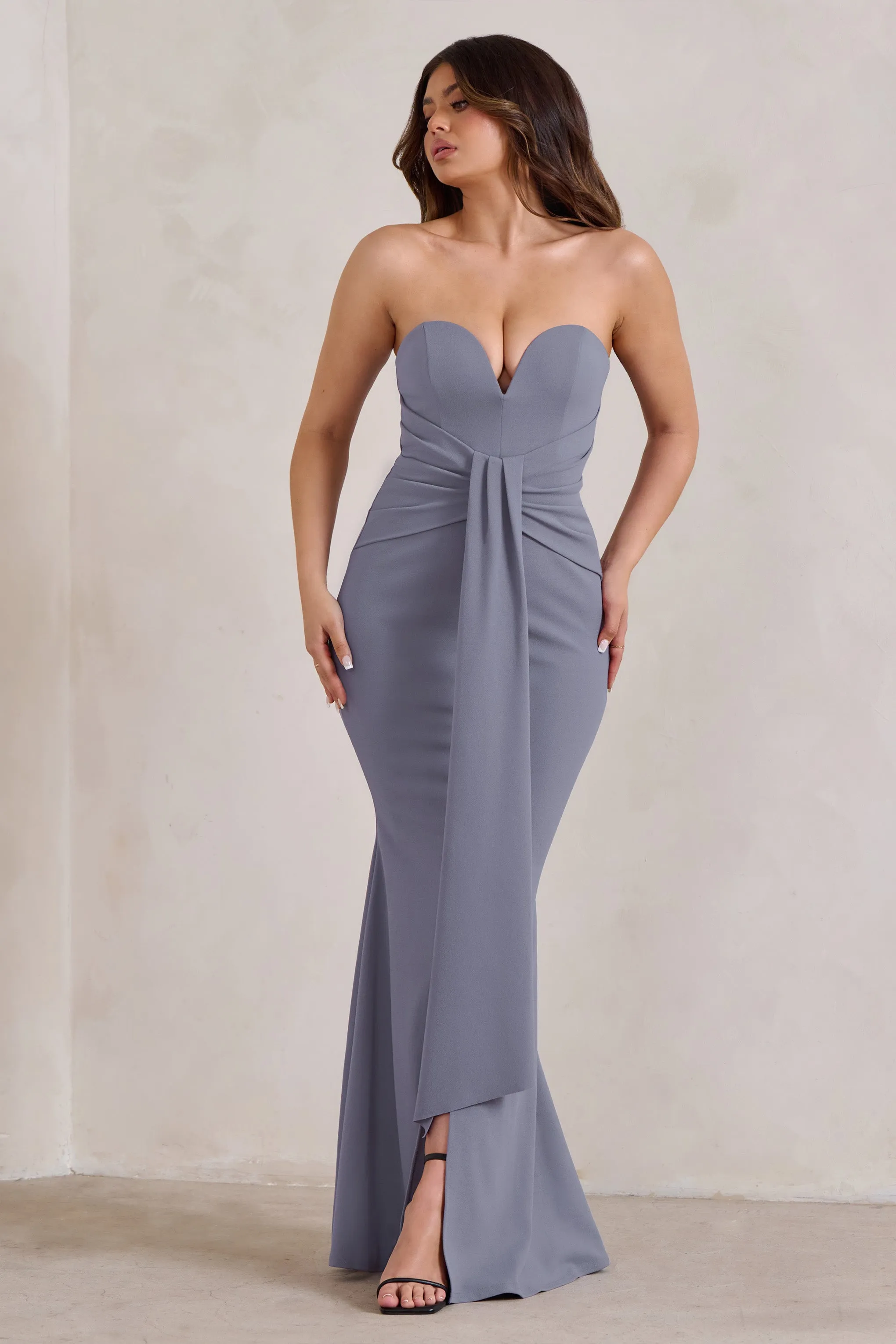 Carrie | Grey Sweetheart Neckline Maxi Dress With Statement Tie