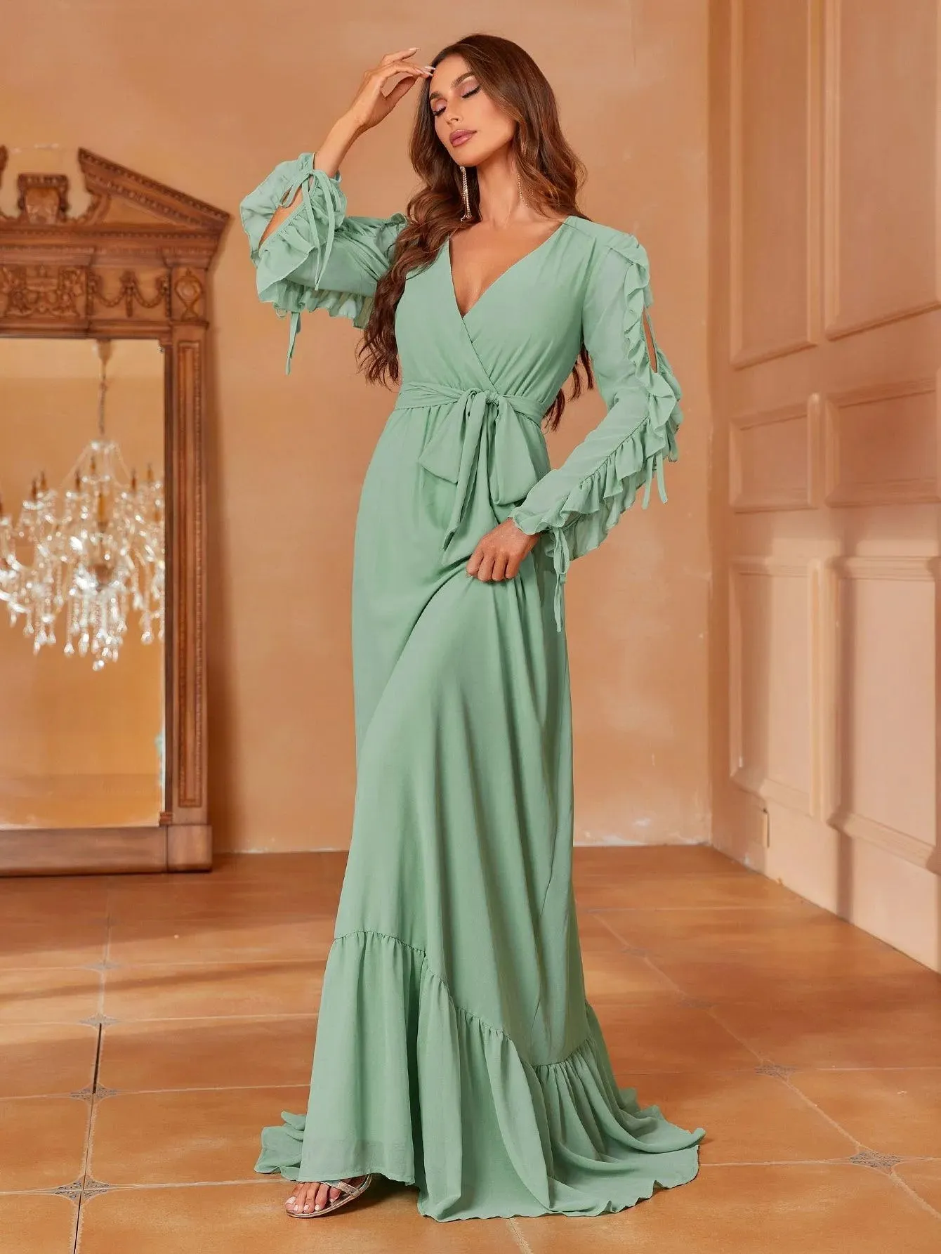 Cascading Ruffle Maxi Chiffon Party Dress