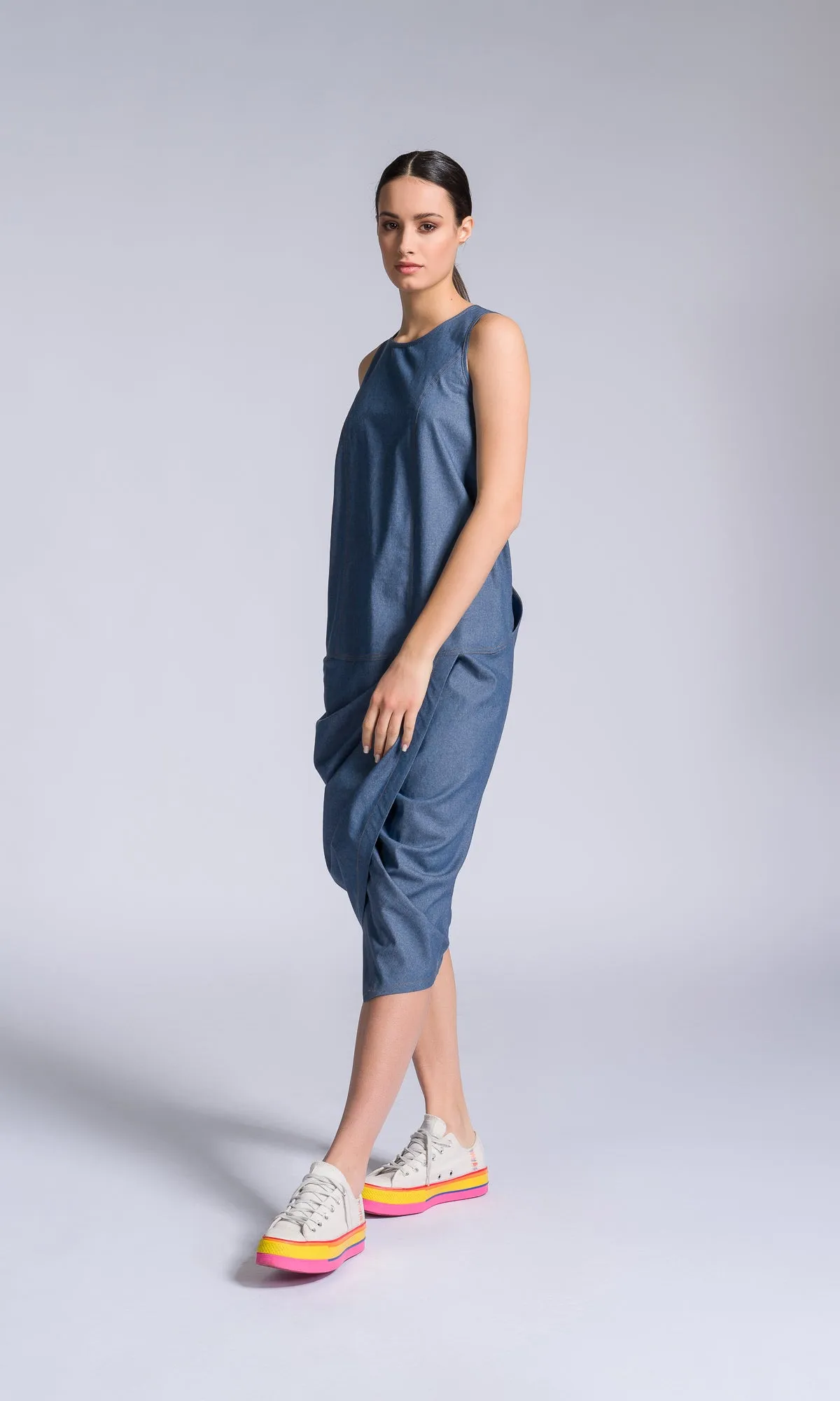 Chambray Dress with Twisted Pleat