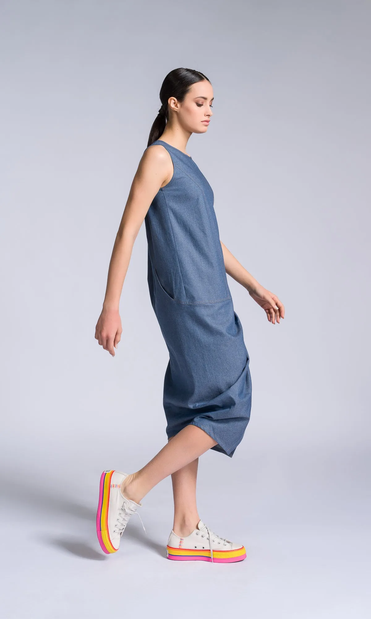 Chambray Dress with Twisted Pleat