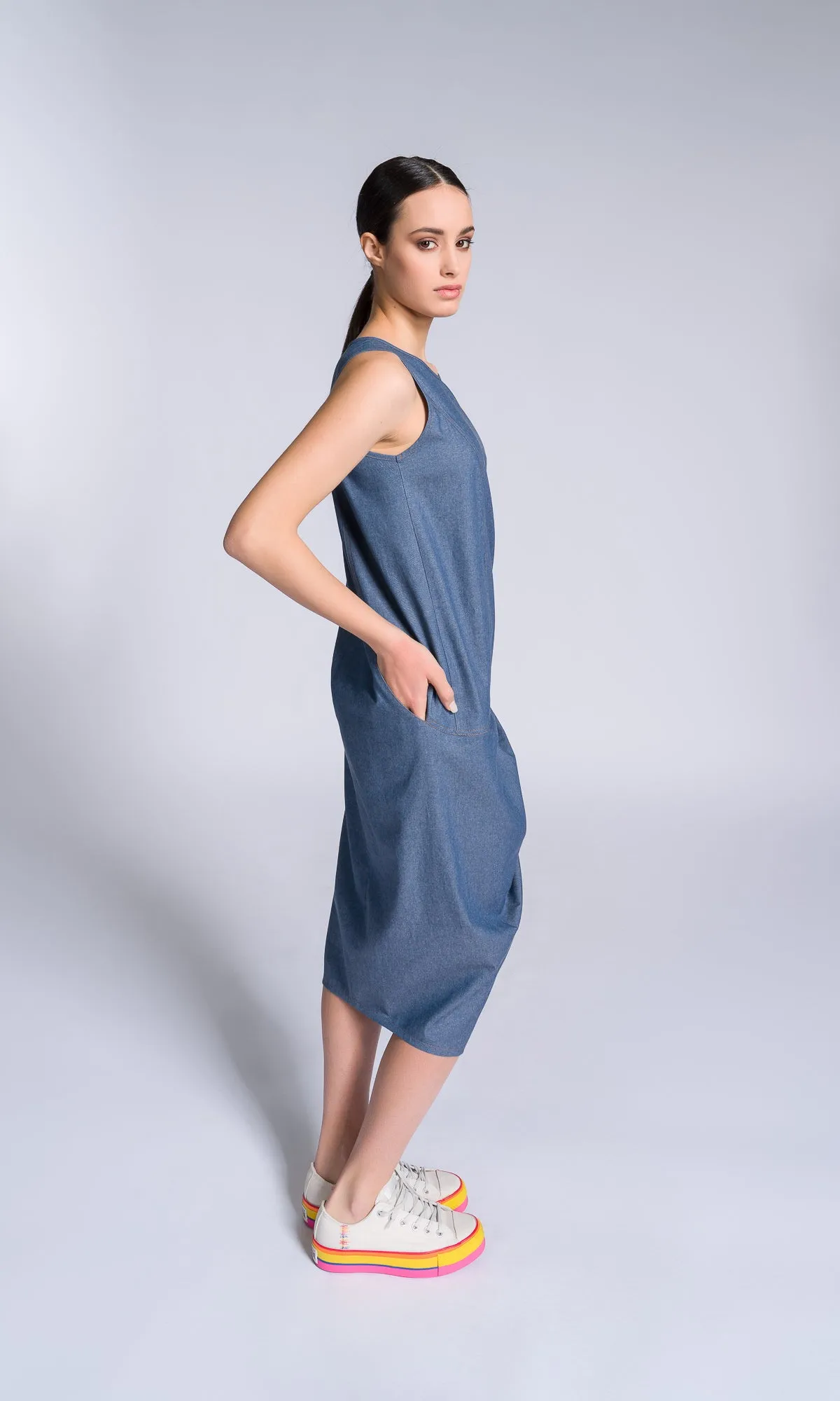 Chambray Dress with Twisted Pleat