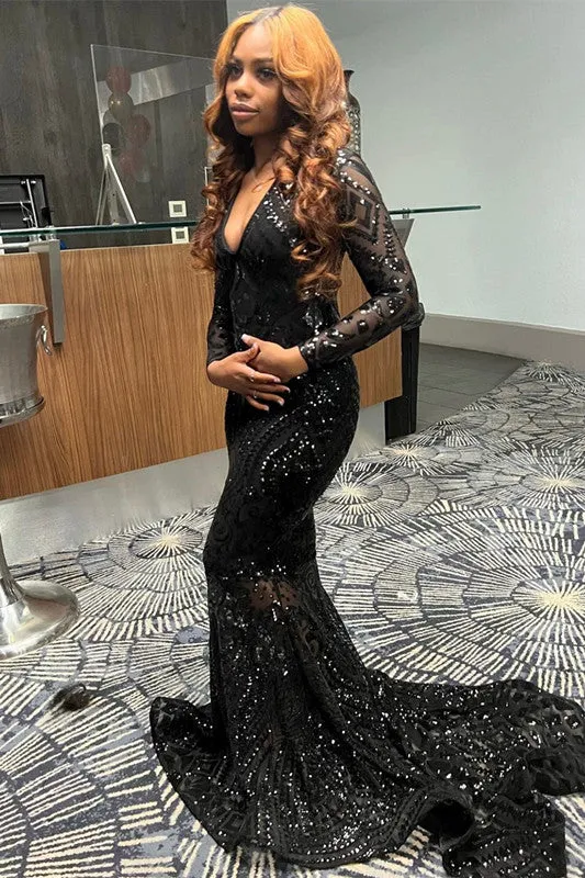 Charming Black V-neck Mermaid Prom Dress With Long Sleeves