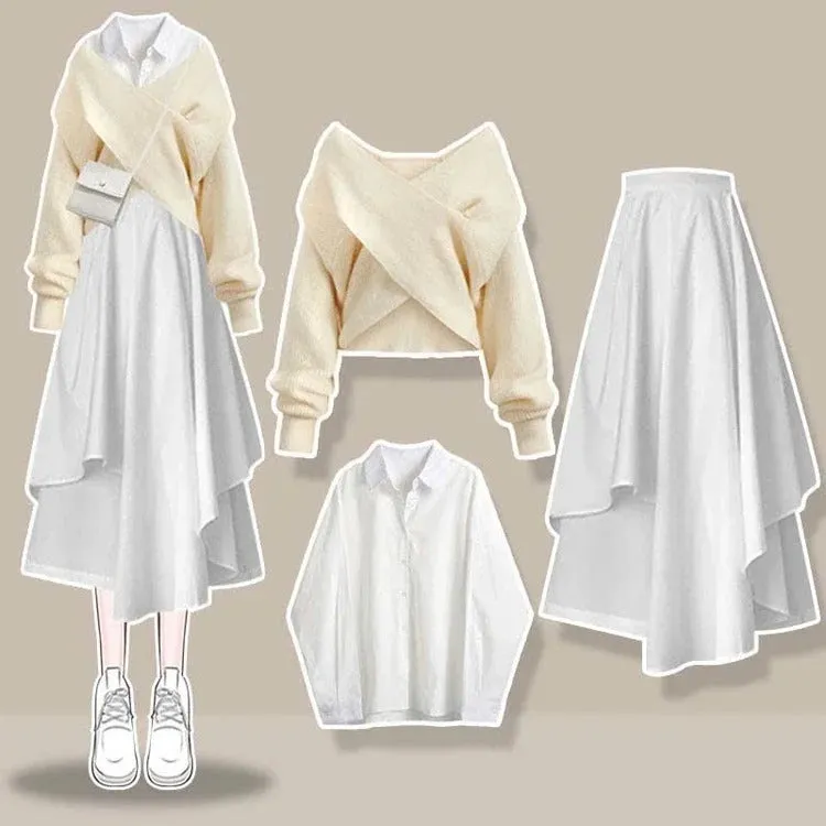 Chic Cross Knit Sweater Shirt Irregular Skirt Three Piece Set