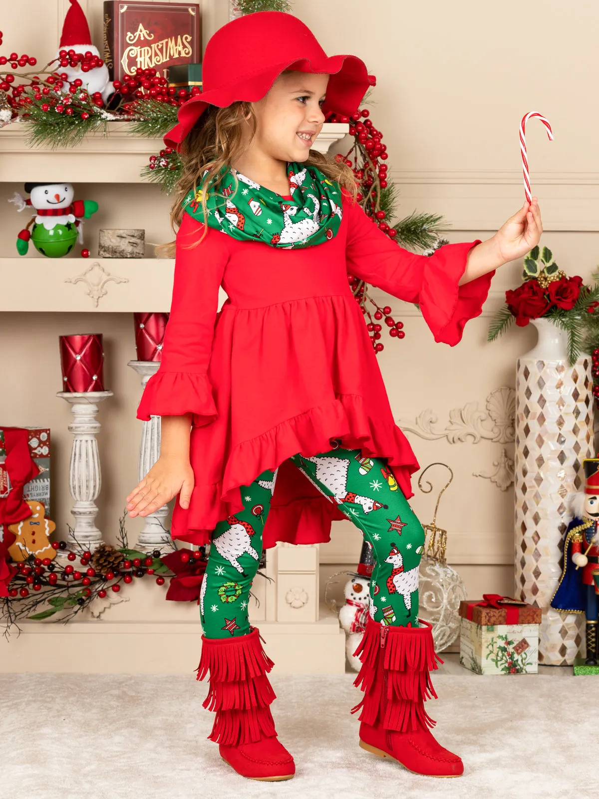 Christmas Llama Tunic, Scarf, and Legging Set