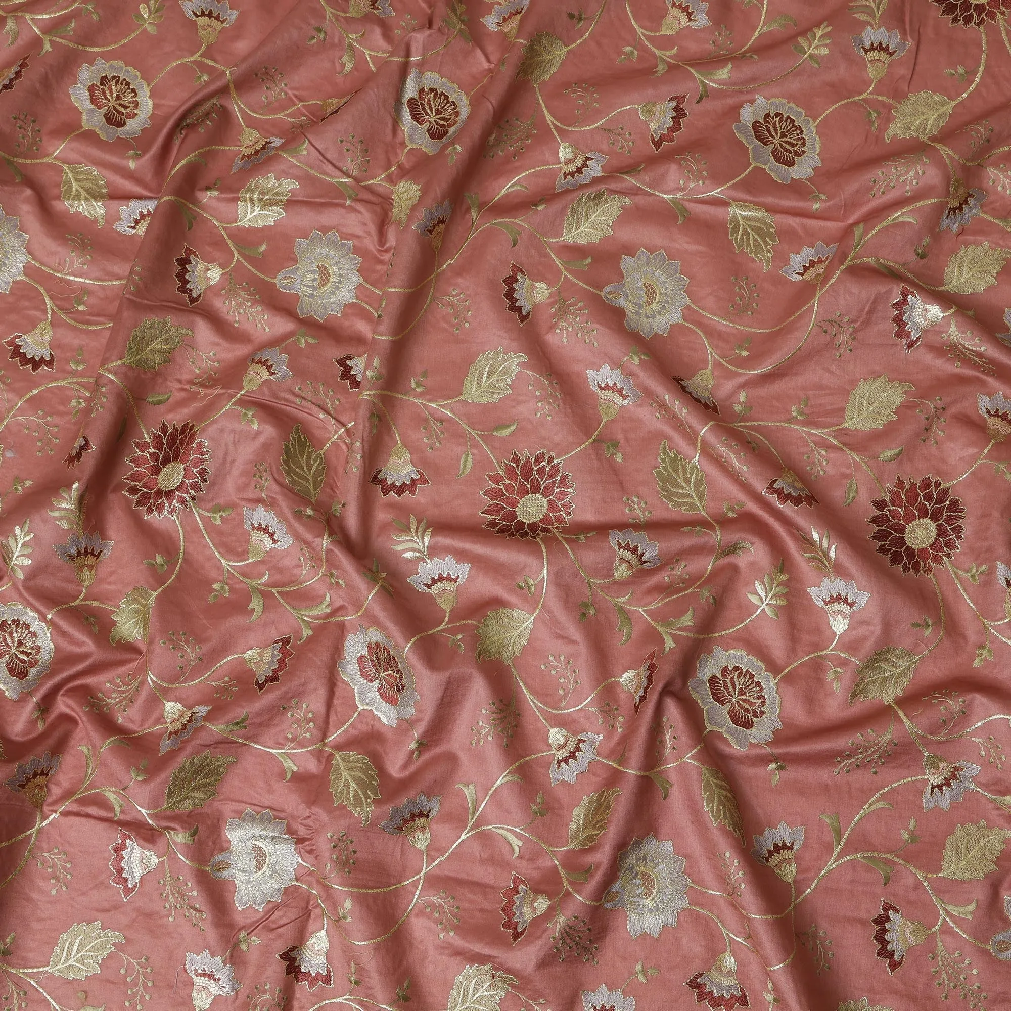 Coral Pink Cotton Silk Fabric with Gold and White Floral Embroidery, 110 cm Width-D20439