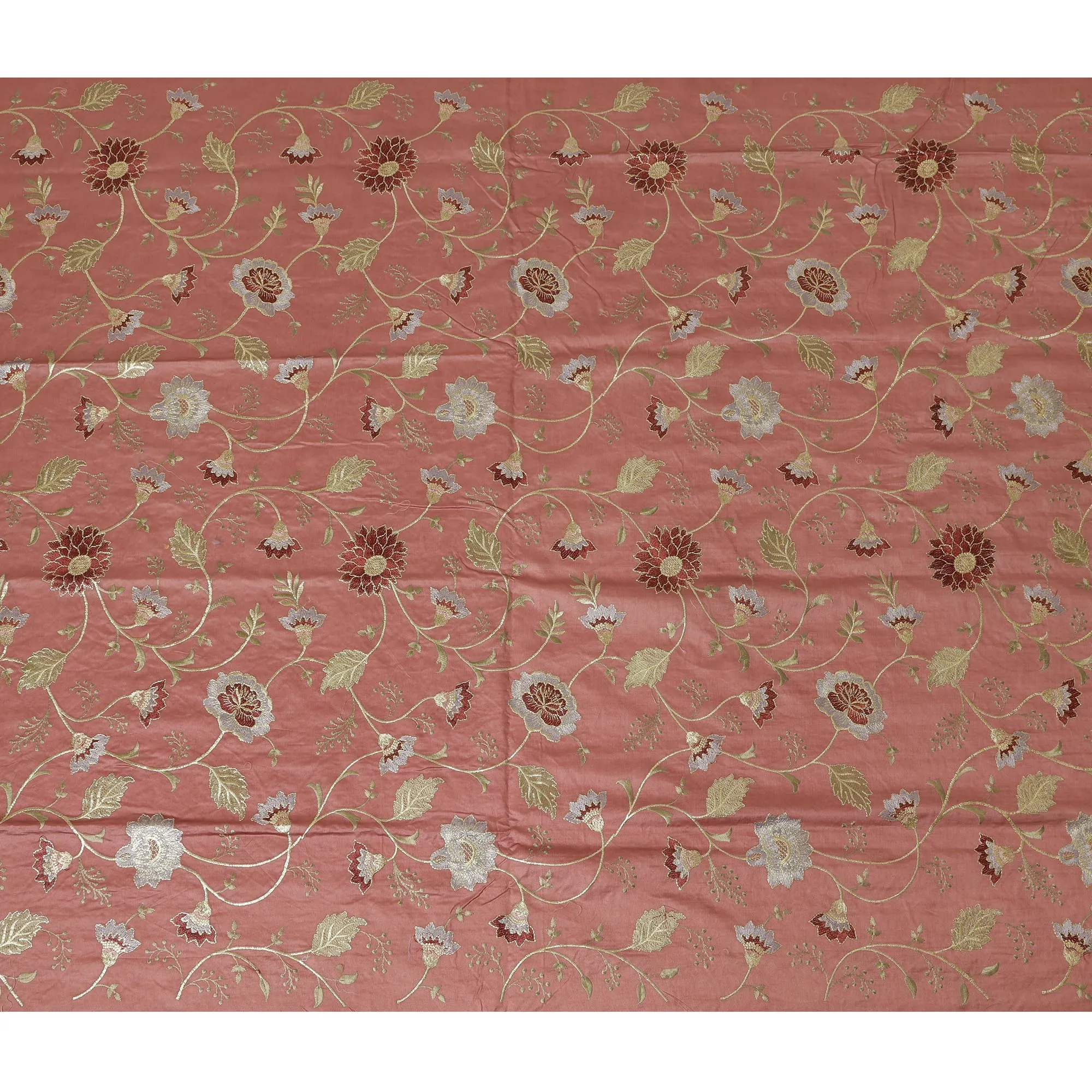 Coral Pink Cotton Silk Fabric with Gold and White Floral Embroidery, 110 cm Width-D20439