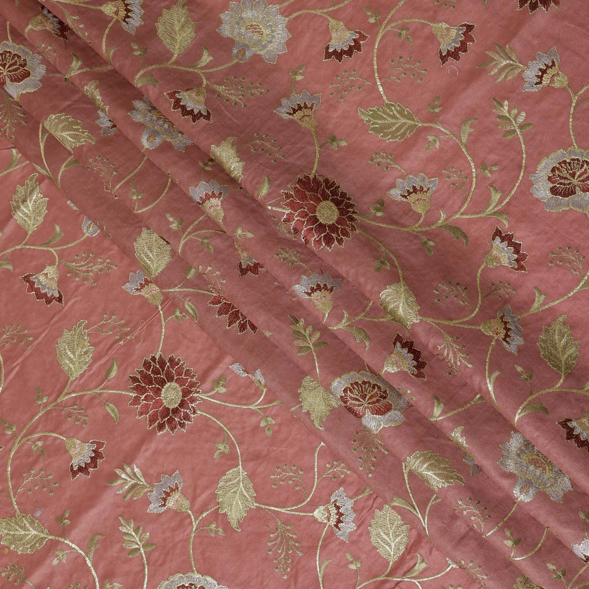 Coral Pink Cotton Silk Fabric with Gold and White Floral Embroidery, 110 cm Width-D20439