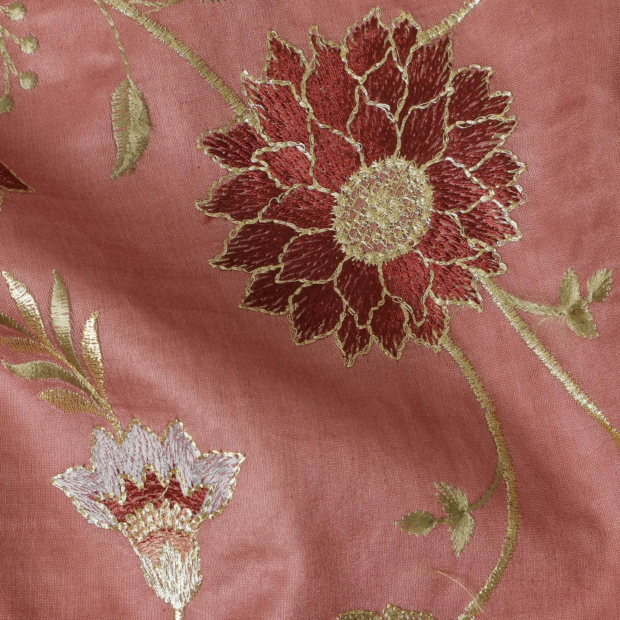 Coral Pink Cotton Silk Fabric with Gold and White Floral Embroidery, 110 cm Width-D20439