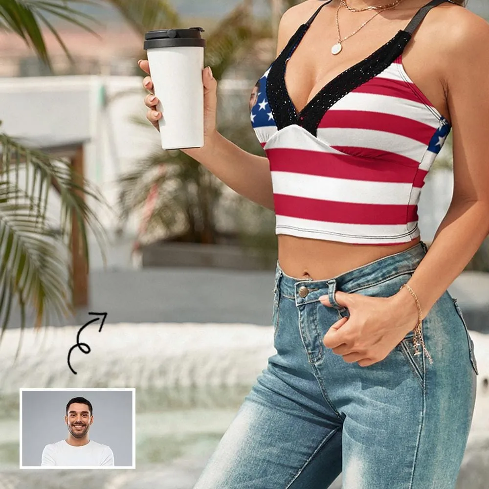 Custom Face Flag Tops Women's Personalized V-Neck Crop Camisole Top for Independence Day