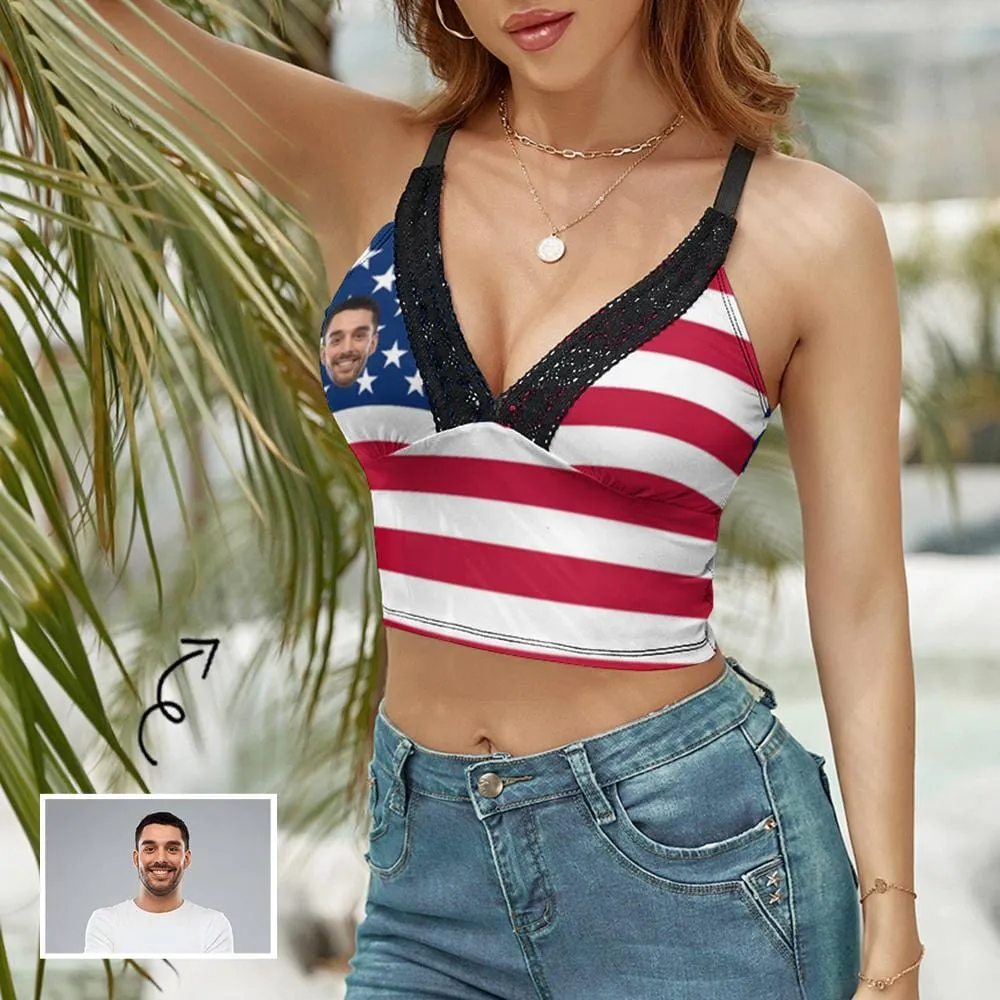 Custom Face Flag Tops Women's Personalized V-Neck Crop Camisole Top for Independence Day