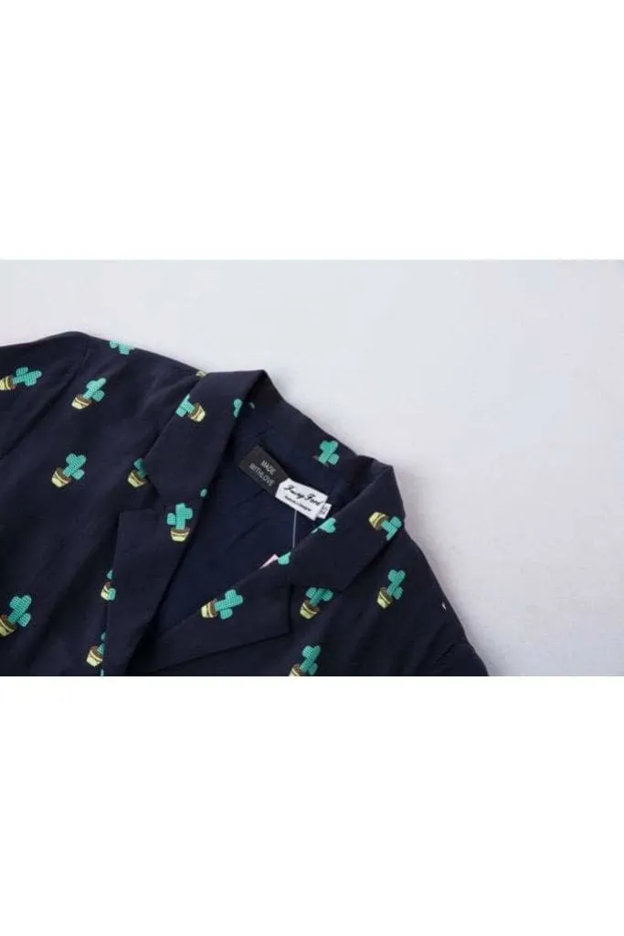 Cute Cactus & Dark Navy V Neck Collared Dress