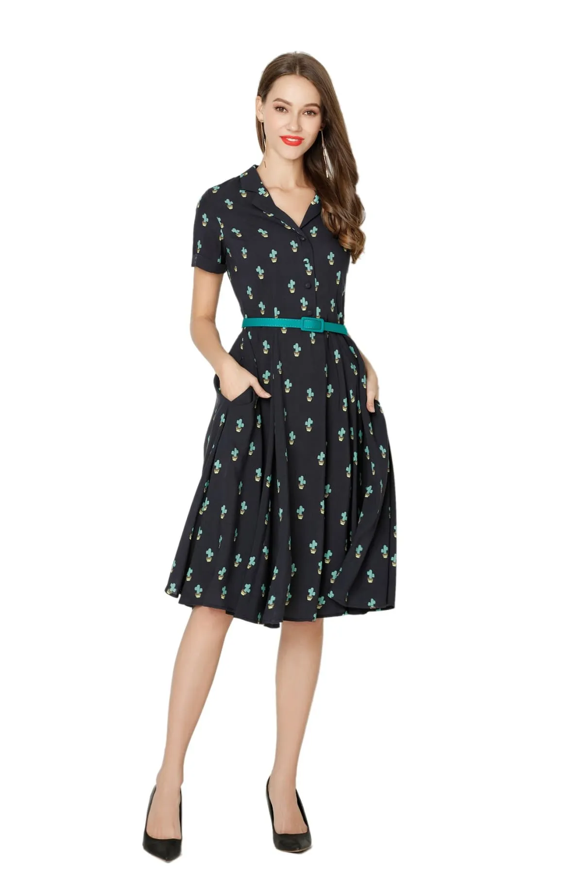 Cute Cactus & Dark Navy V Neck Collared Dress