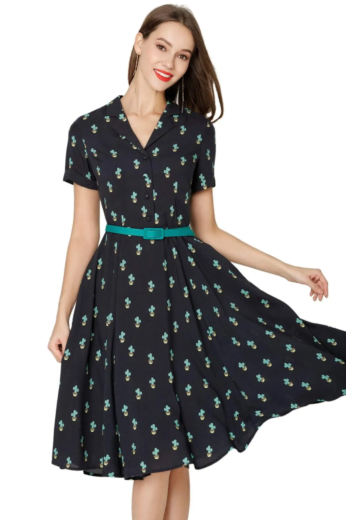 Cute Cactus & Dark Navy V Neck Collared Dress