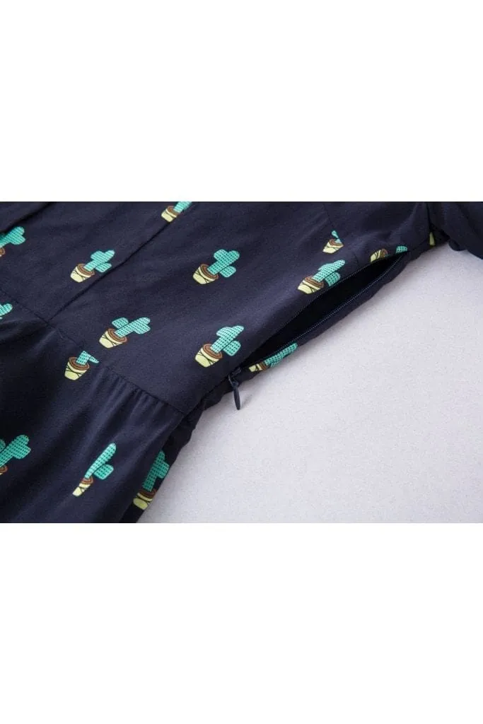 Cute Cactus & Dark Navy V Neck Collared Dress