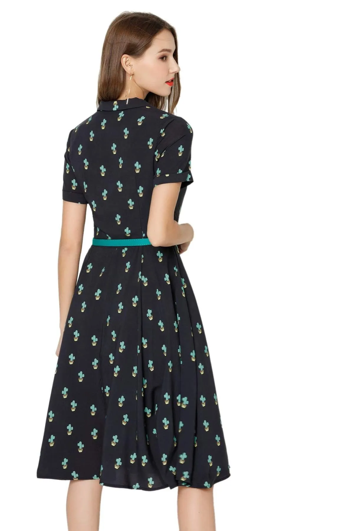 Cute Cactus & Dark Navy V Neck Collared Dress