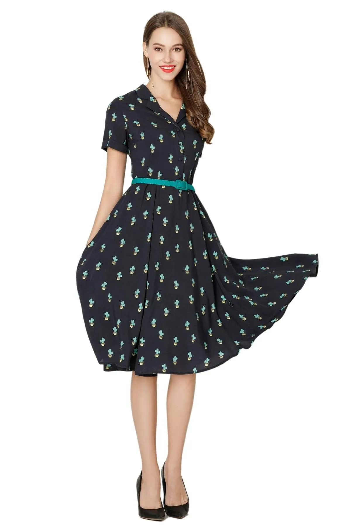 Cute Cactus & Dark Navy V Neck Collared Dress