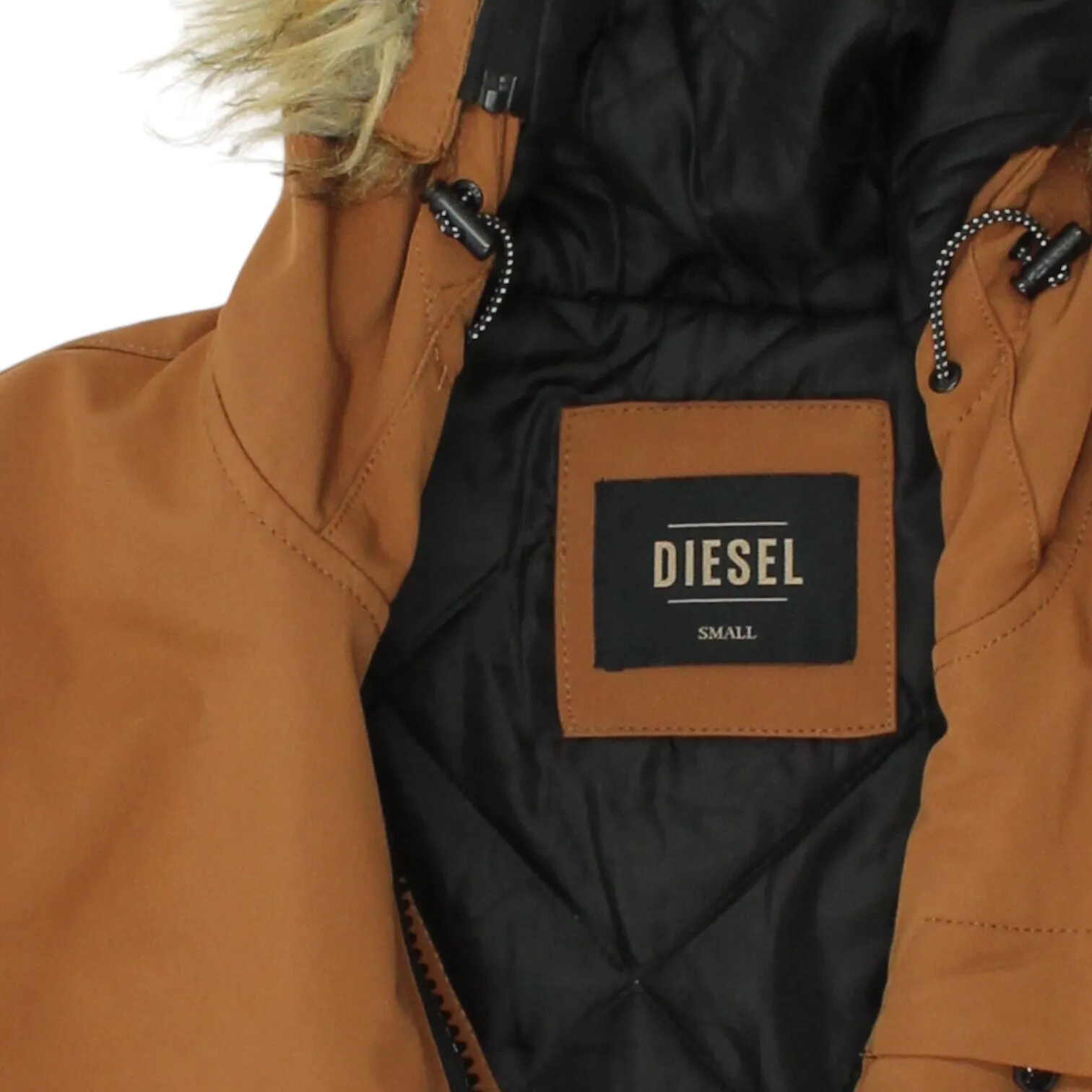 Diesel Mens Brown Quilted Faux Fur Hooded Jacket | Vintage Designer Hoodie Coat