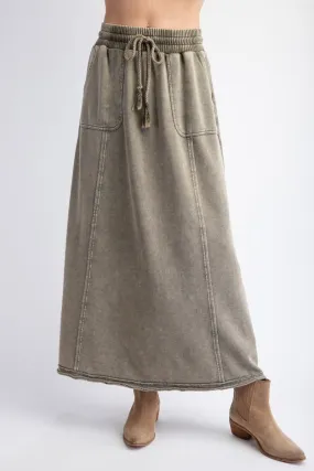 Easel - Faded Olive Mineral Wash Terry Maxi Skirt