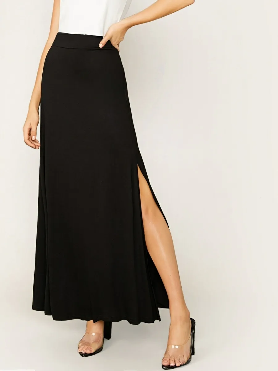 Elastic Waist Split Thigh Flare Skirt