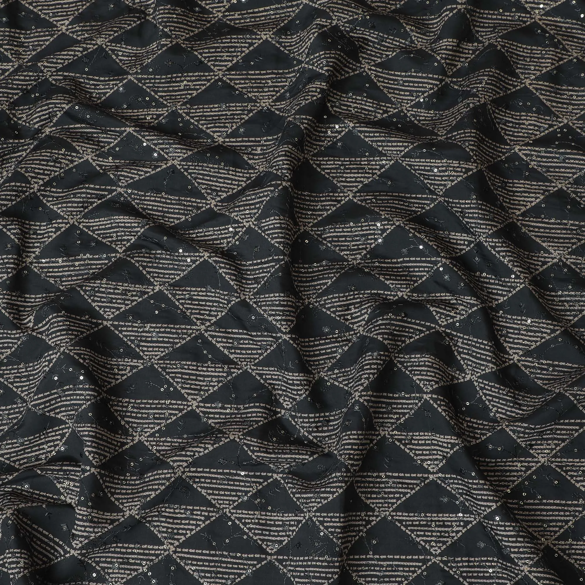 Elegant Black Blended Cotton Embroidery Fabric - Diamond Motif, 110cm Width-D18957