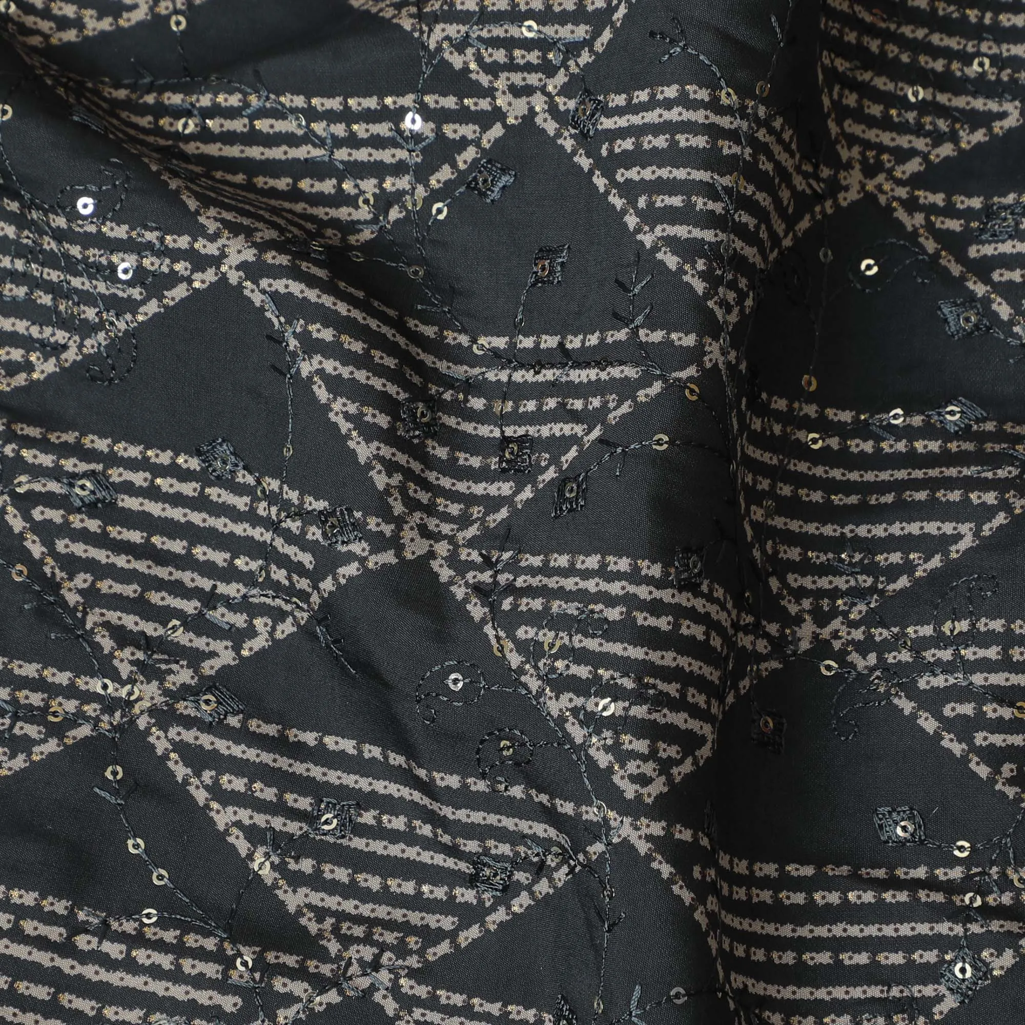 Elegant Black Blended Cotton Embroidery Fabric - Diamond Motif, 110cm Width-D18957