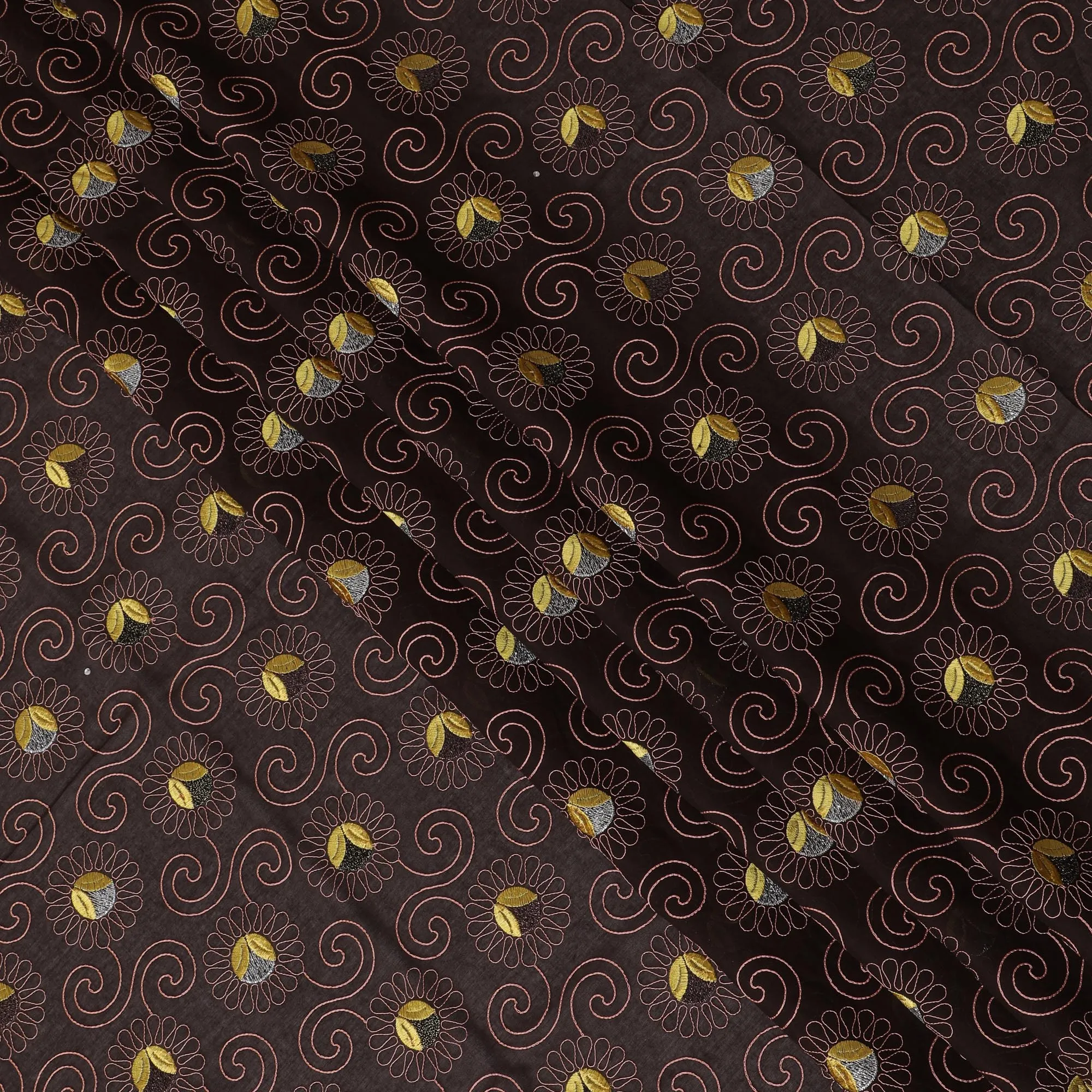 Elegant Dark Brown Premium Swiss Cotton Voile Fabric with Gold and Silver Embroidery - Traditional Thobe Material, 140 cm Wide-D20195