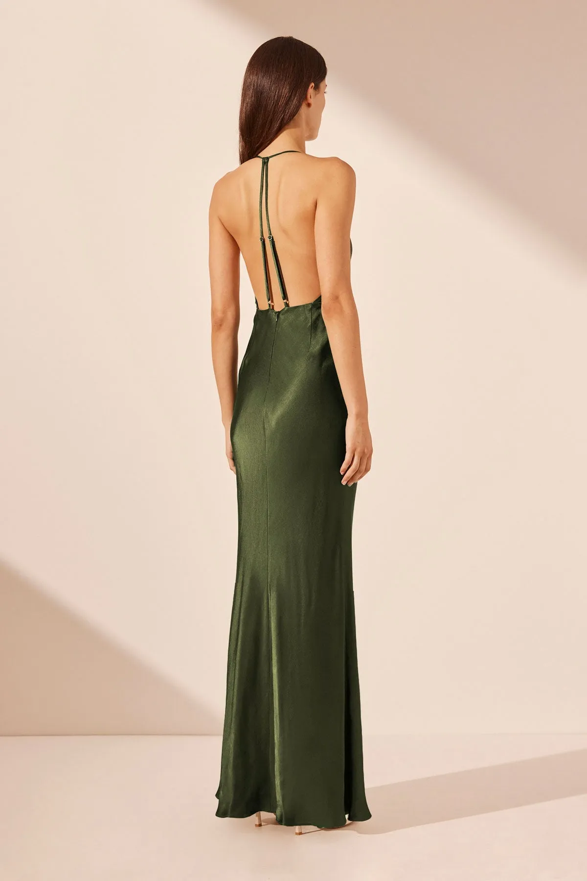 ELIA PLUNGED OPEN BACK HALTER MAXI DRESS - FERN