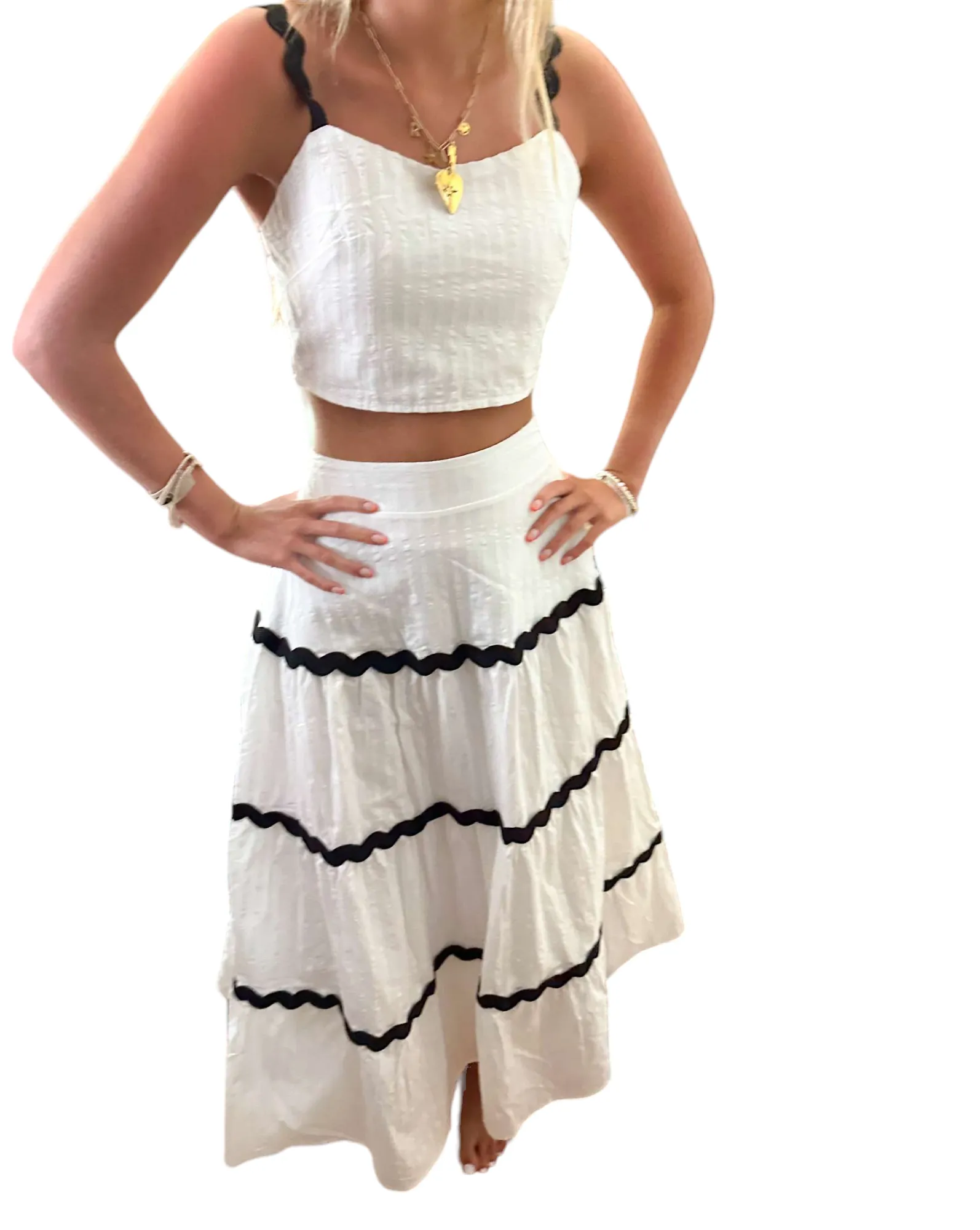 Embroidered Elegance: Black & White Maxi Skirt and Crop Top Set