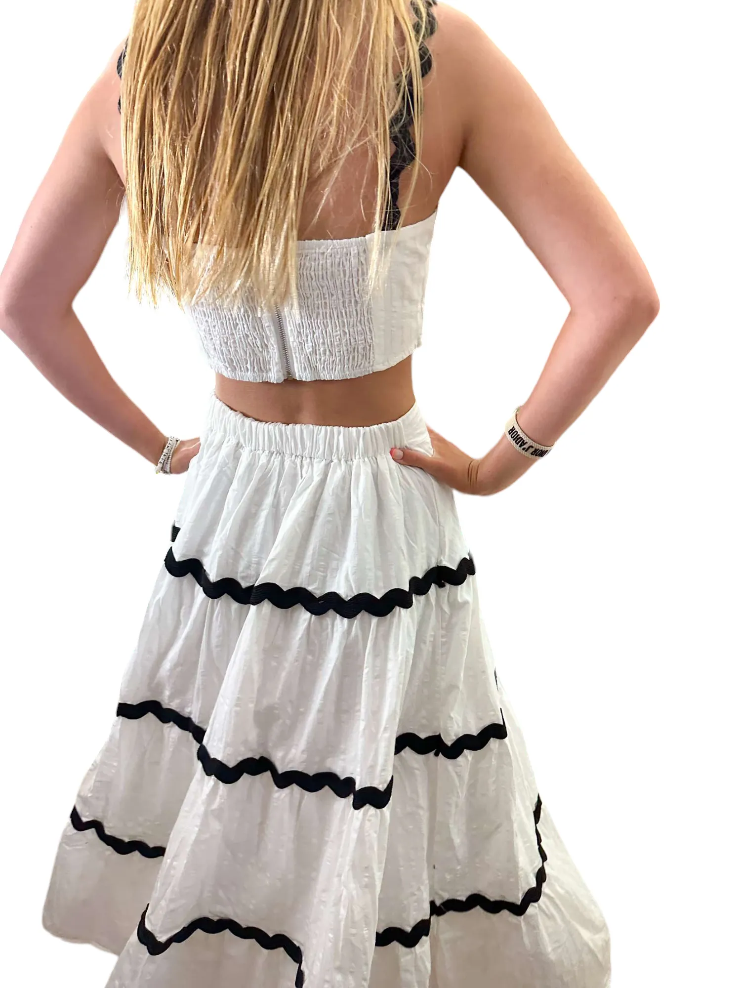 Embroidered Elegance: Black & White Maxi Skirt and Crop Top Set