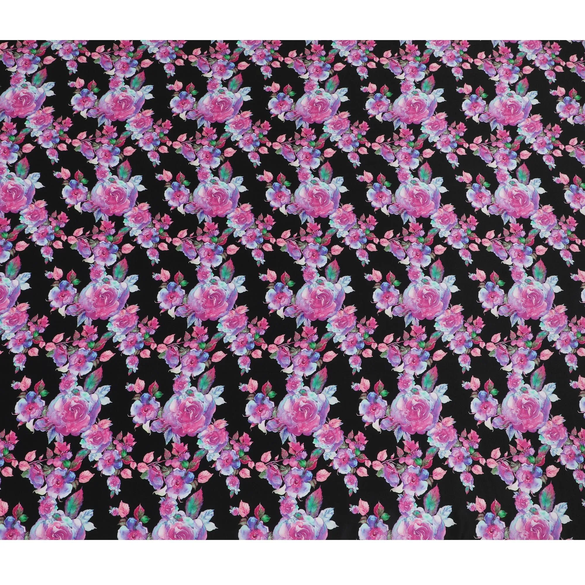 Enchanted Rose Symphony Viscose Fabric, 110 cm Width - Deep Pink Blooms on Midnight Black-D18734