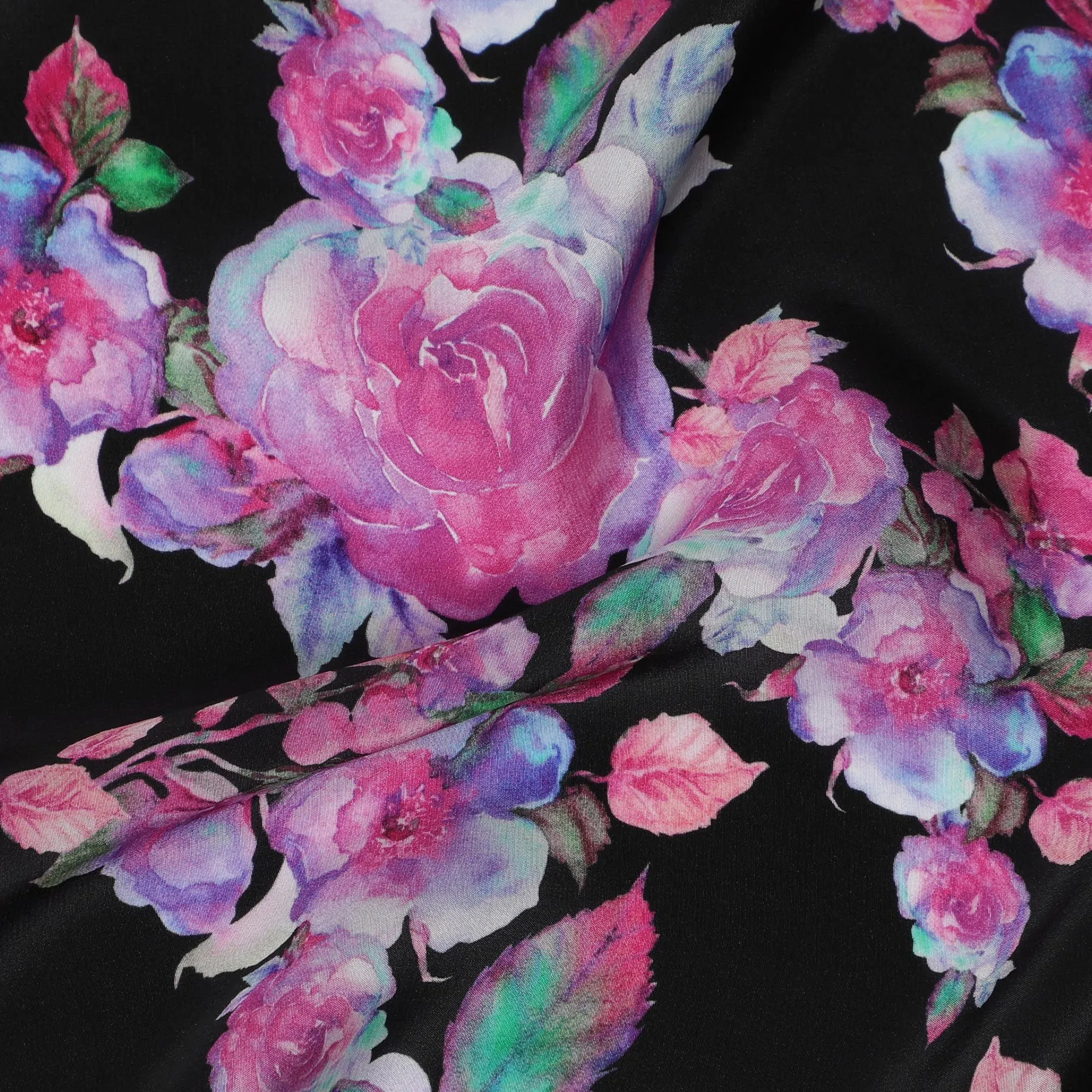 Enchanted Rose Symphony Viscose Fabric, 110 cm Width - Deep Pink Blooms on Midnight Black-D18734