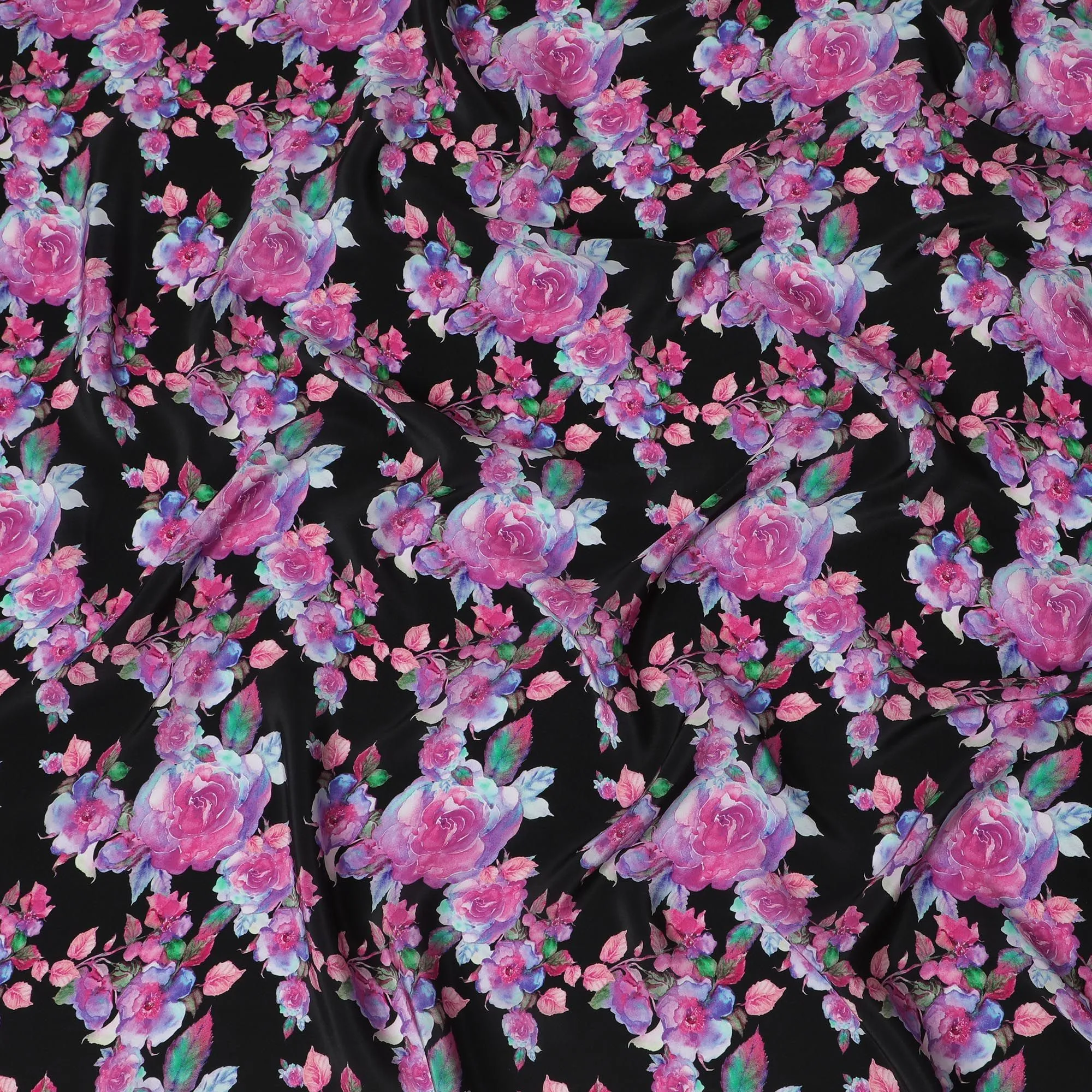 Enchanted Rose Symphony Viscose Fabric, 110 cm Width - Deep Pink Blooms on Midnight Black-D18734