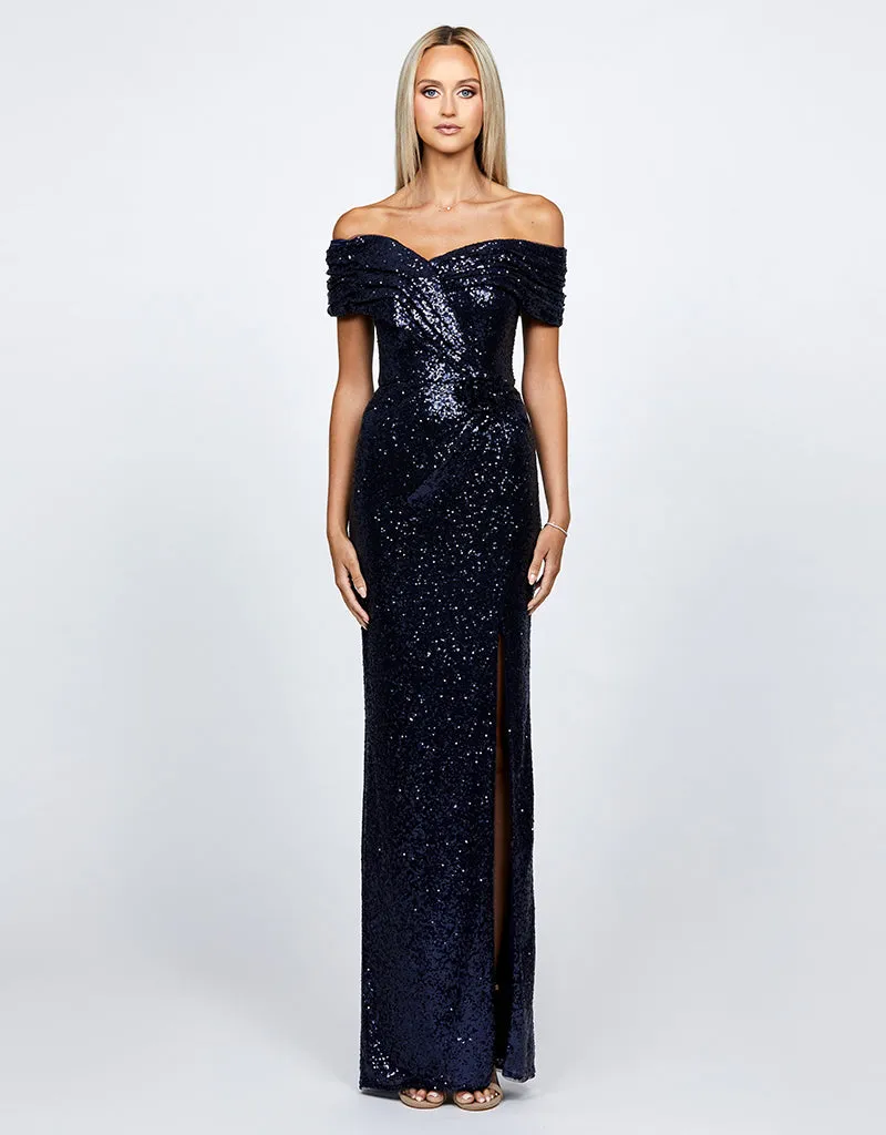 EVANIE DRAPED OFF SHOULDER SEQUIN GOWN B68D12L