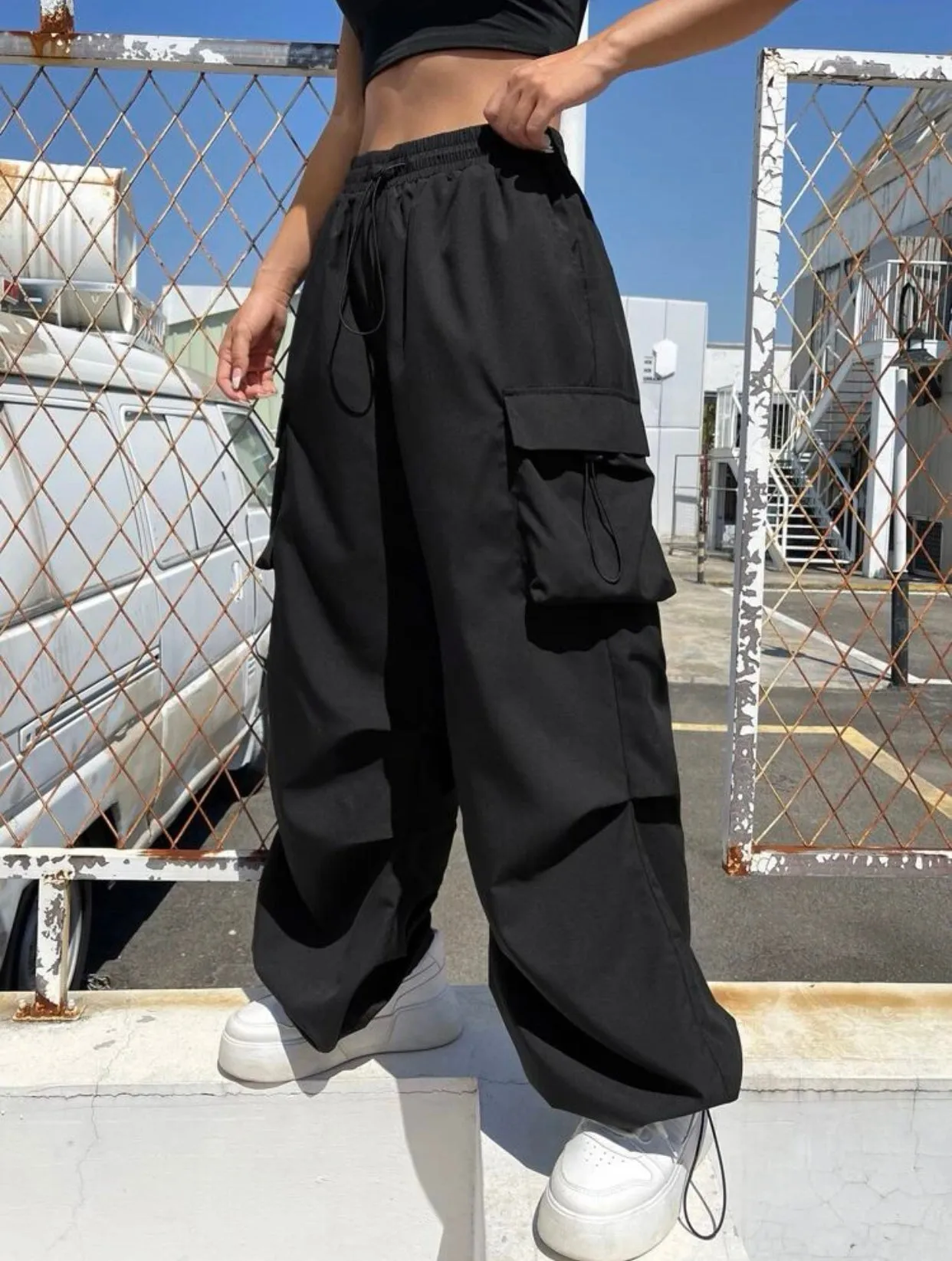 Flap Pocket Side Drawstring Cargo Pants