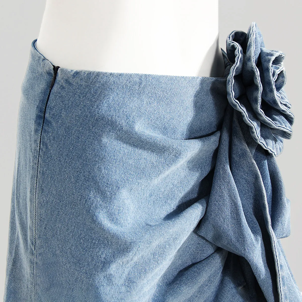 Flower Trim Ruched Denim Skirt