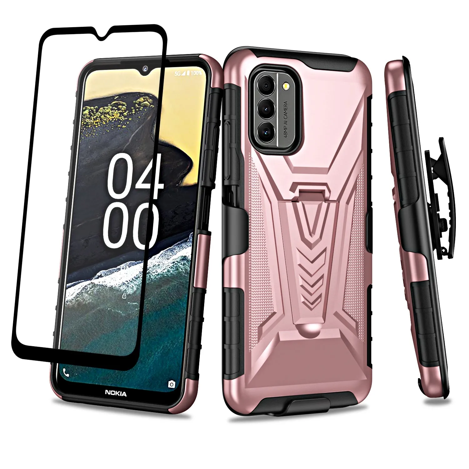 For Nokia G400 5G Case with Tempered Glass Screen Protector Heavy Duty Protective Phone Case,Built-in Kickstand Rugged Shockproof Protective Phone Case - Rose Gold