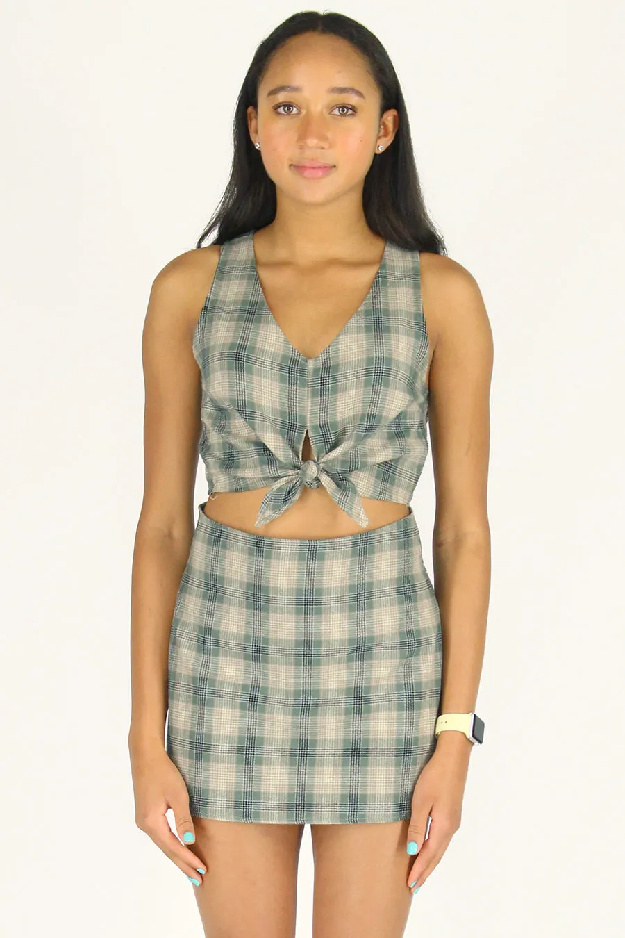 Front Tie Tank Top and Skirt - Flannel Green Beige Plaid